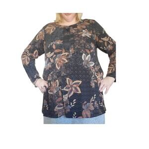 Susan Graver Size 1X Liquid Knit Fall Winter Floral Brown Black Gray Tunic Top